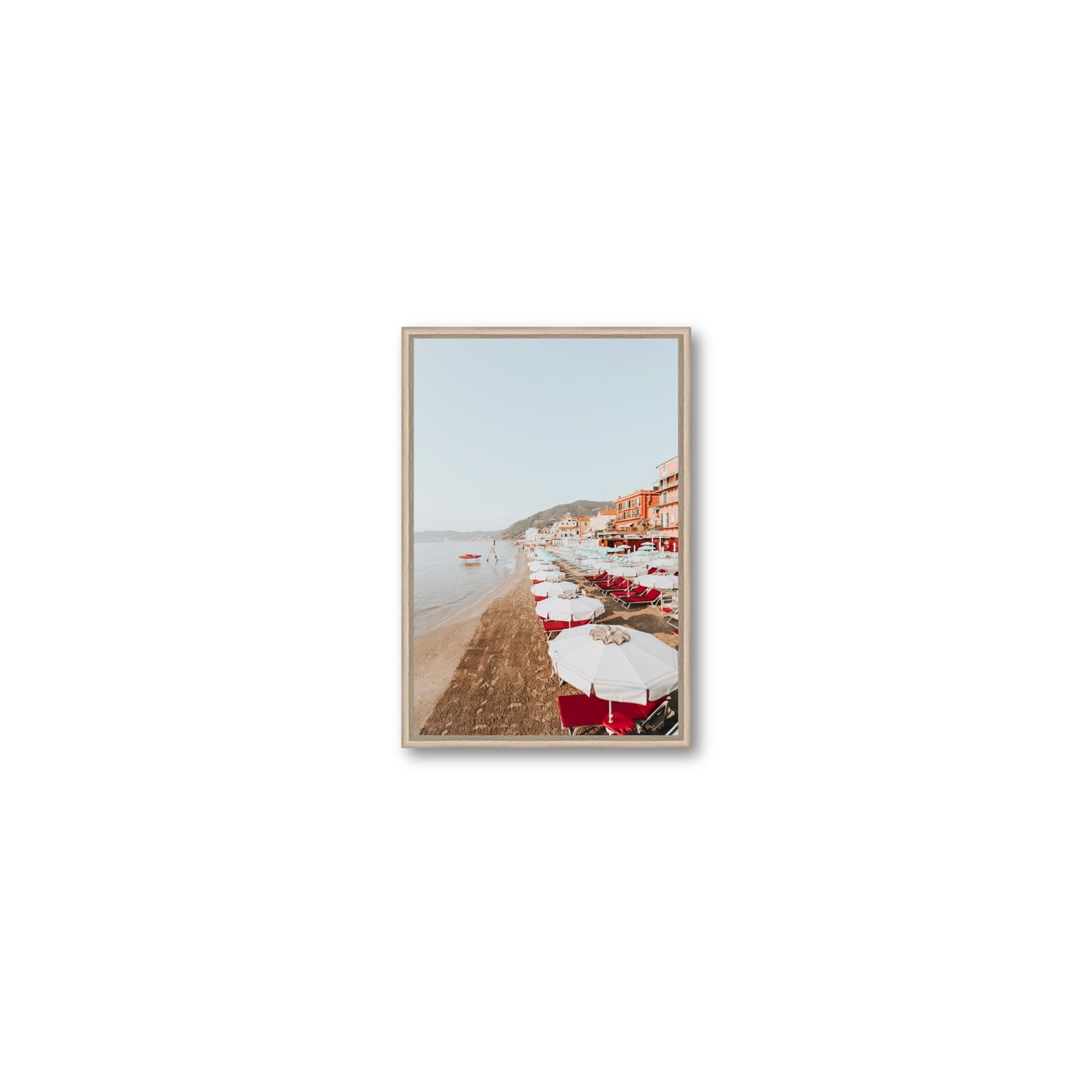 Italian Riviera fine art print, Alassio, Italy, coastal scenes artwork, Small, Natural Oak Float Frame, Fine Art Canvas