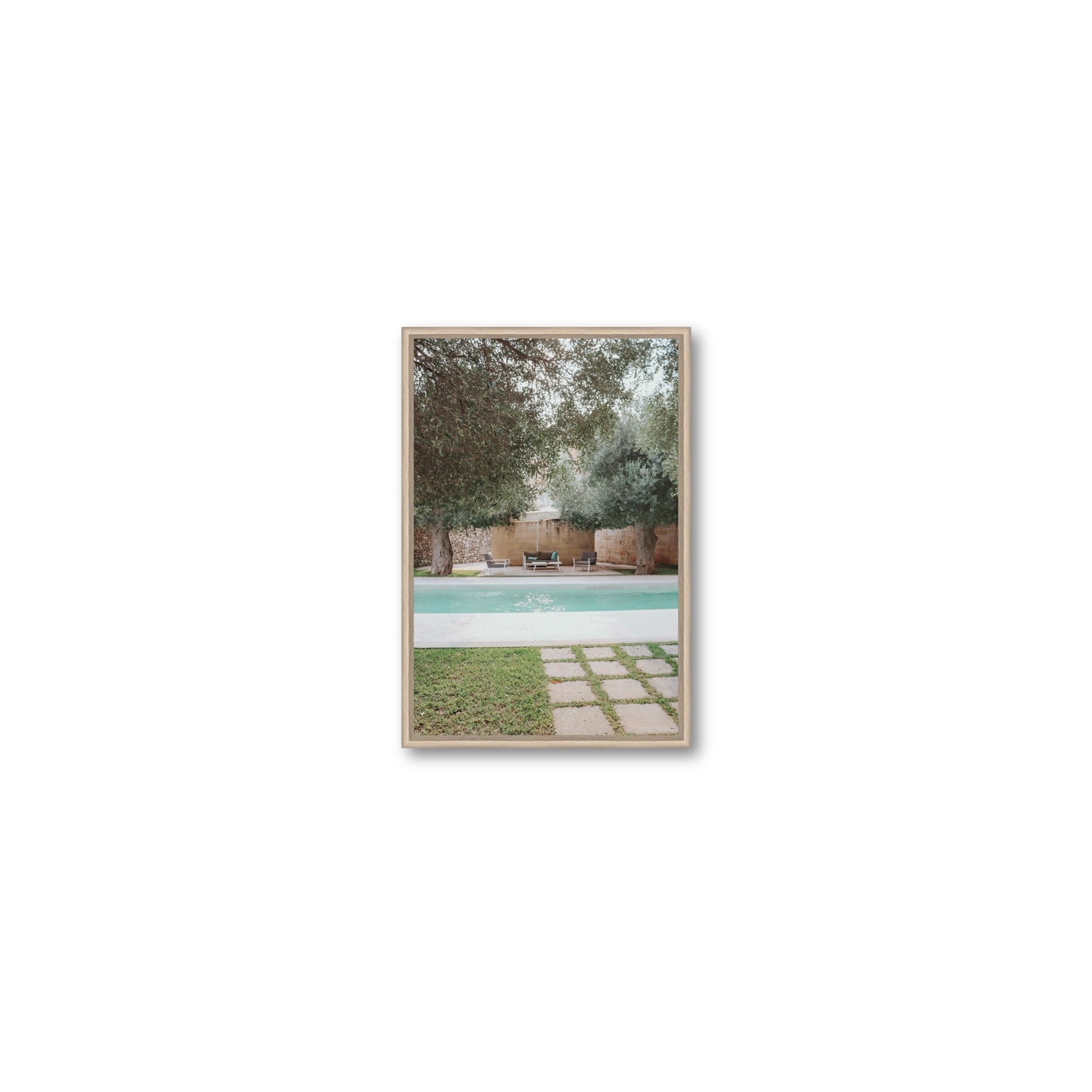 Idyllic Escape Puglia Mediterranean wall art Small fine art canvas in natural oak float frame