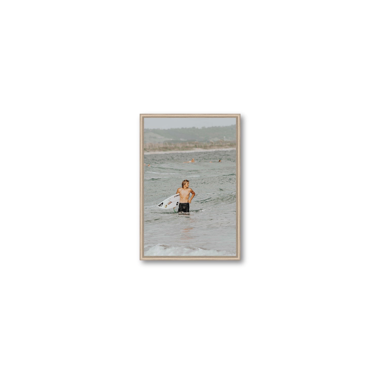 Chasing Mavericks Byron Bay Surf coastal wall art Small fine art canvas in natural oak float frame