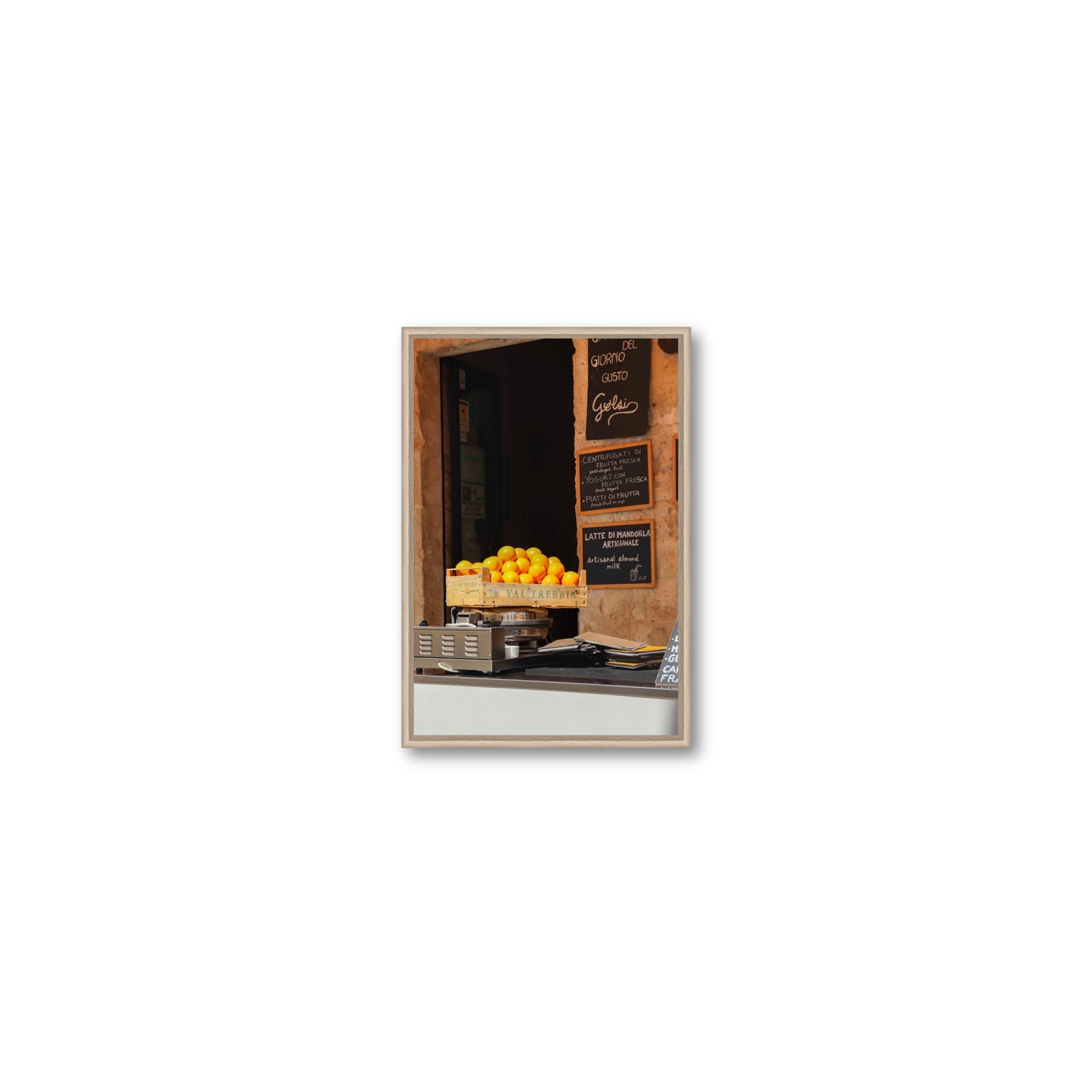 Luminous Citrus Puglia Ostuni Italian wall art Small fine art canvas in natural oak float frame