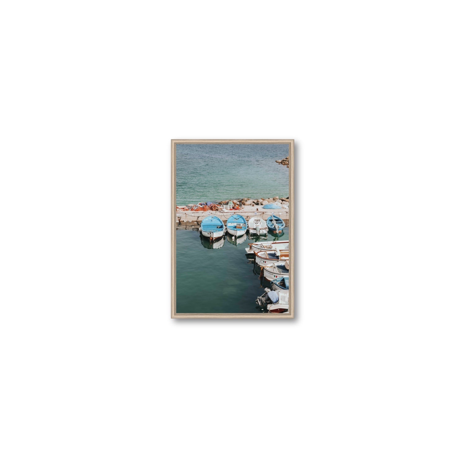 Maritime Memories Puglia Harbour Reflections coastal wall art Small fine art canvas in natural oak float frame