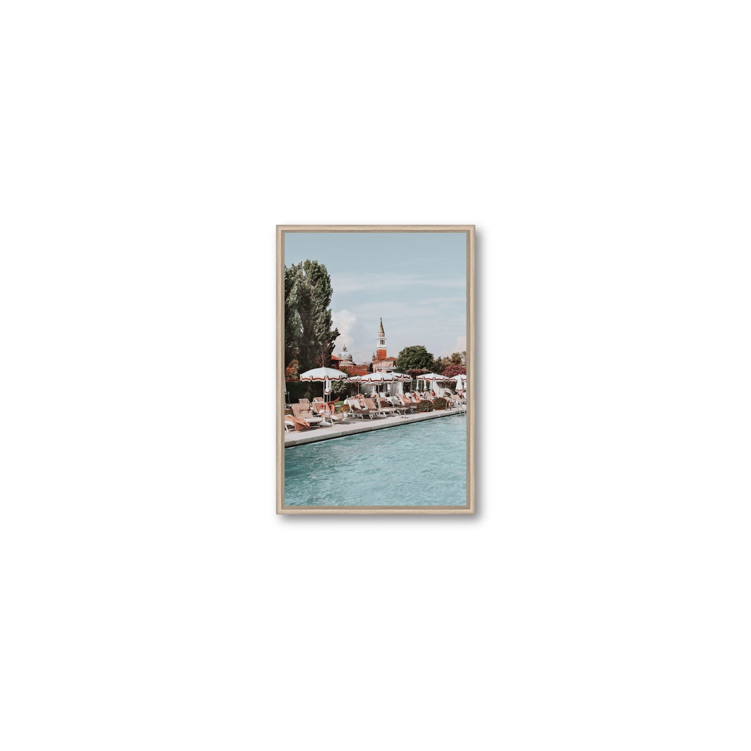 Poolside Perch Venice Italian wall art Small fine art canvas in natural oak float frame