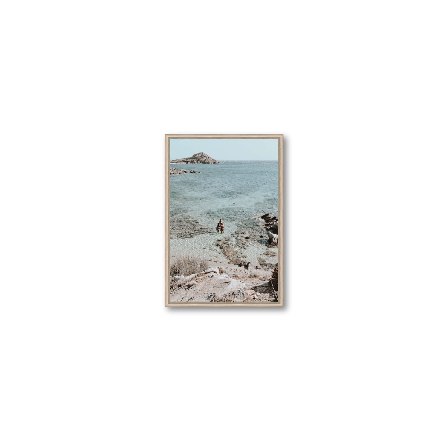 Island Life Mykonos coastal Greek island wall art Small fine art canvas in natural oak float frame
