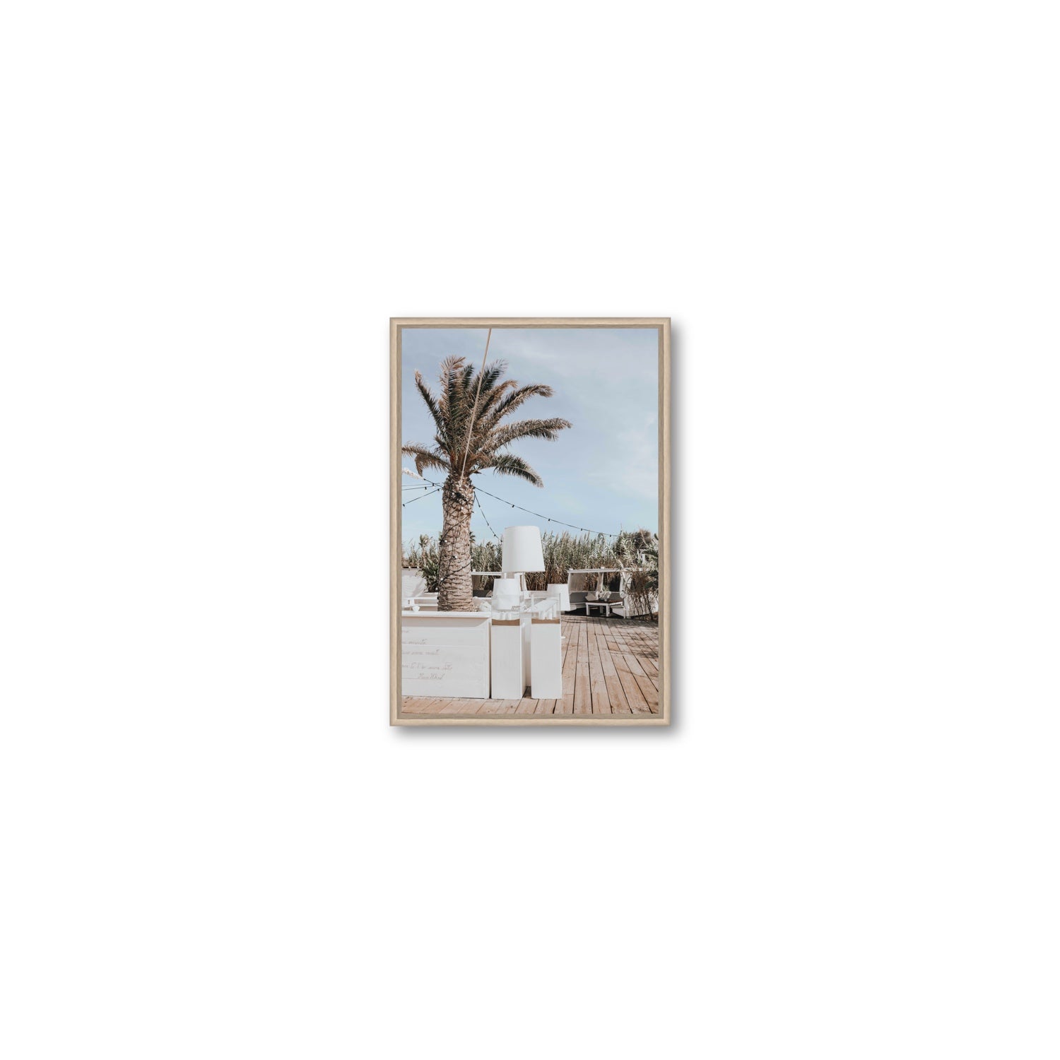 Seabreeze Palm Puglia coastal beach wall art Small fine art canvas in natural oak float frame