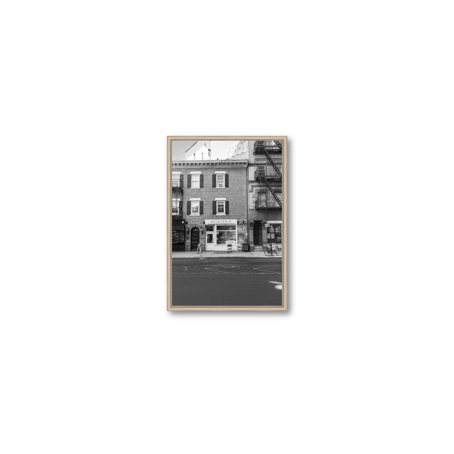 Gelateria New York NYC Black & White wall art Small fine art canvas in natural oak float frame