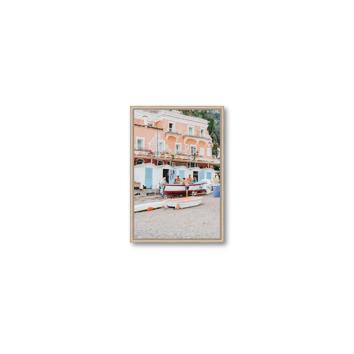La Riunione della Mattina fine art print, Positano, Italy, Small, Natural Oak Float Frame, Fine Art Canvas