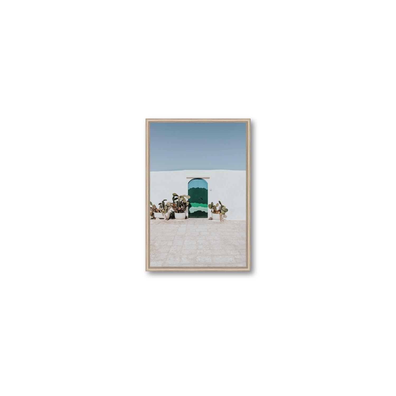 Imaginary Exit Puglia Mediterranean wall art Small fine art canvas in natural oak float frame