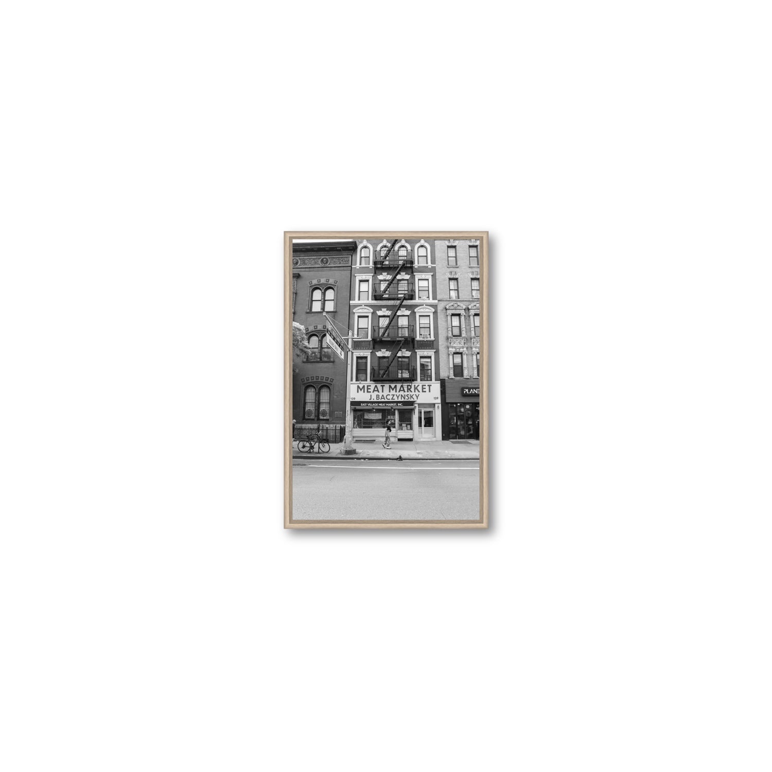 Vertical Village New York NYC Black & White wall art Small fine art canvas in natural oak float frame