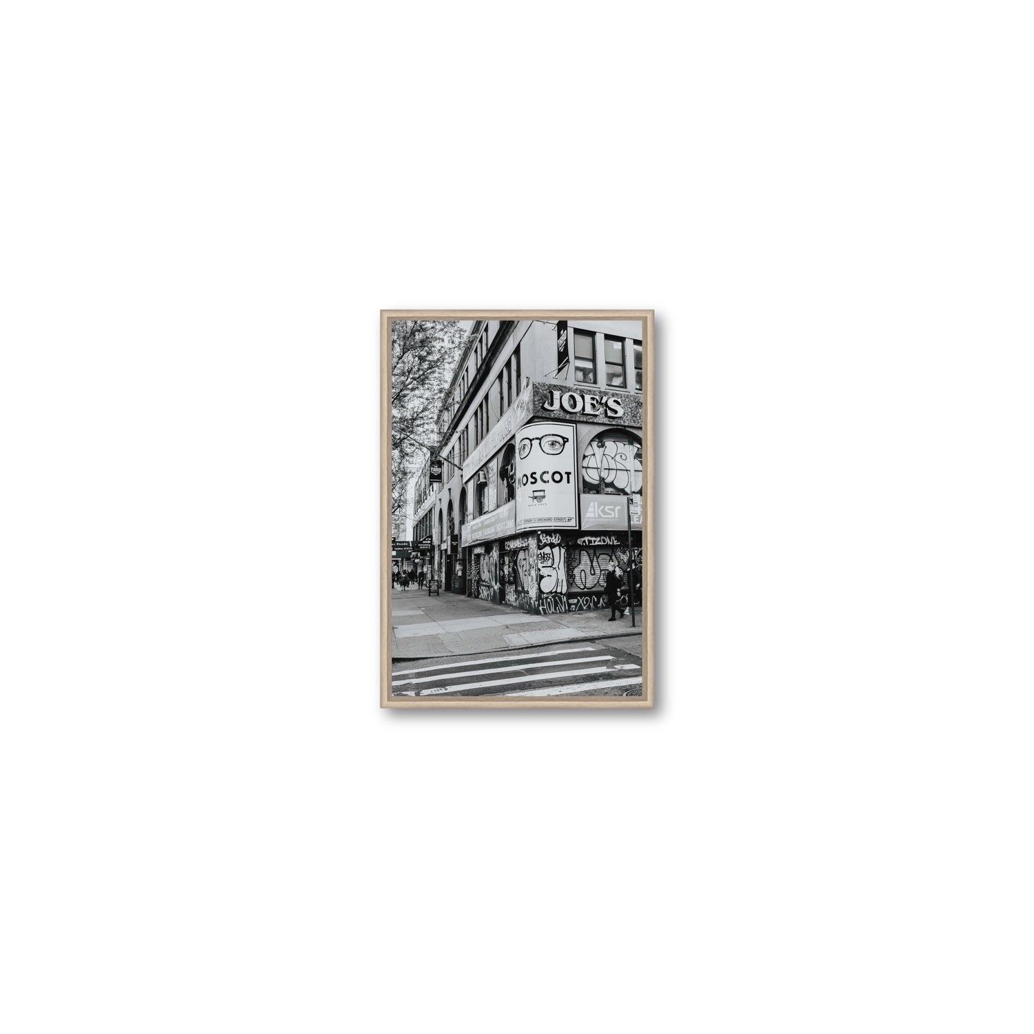 Lower East Side Murals New York NYC Black & White wall art Small fine art canvas in natural oak float frame