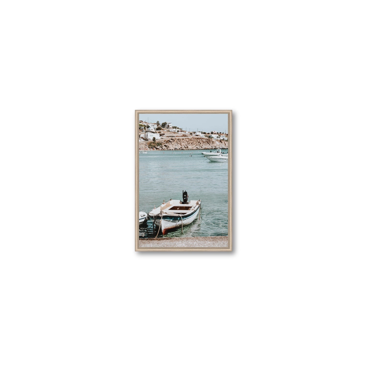Classic Wheels Mykonos Greek island wall art Small fine art canvas in natural oak float frame