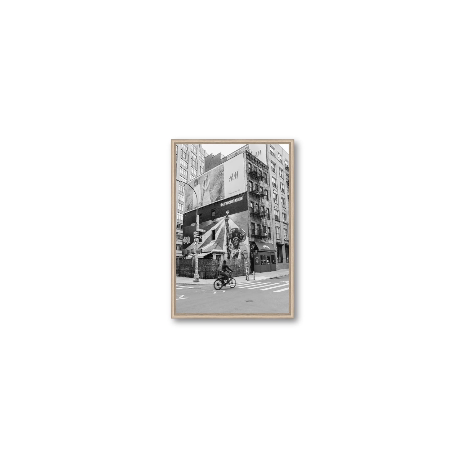 Shadows Of Liberty New York NYC Black & White wall art Small fine art canvas in natural oak float frame