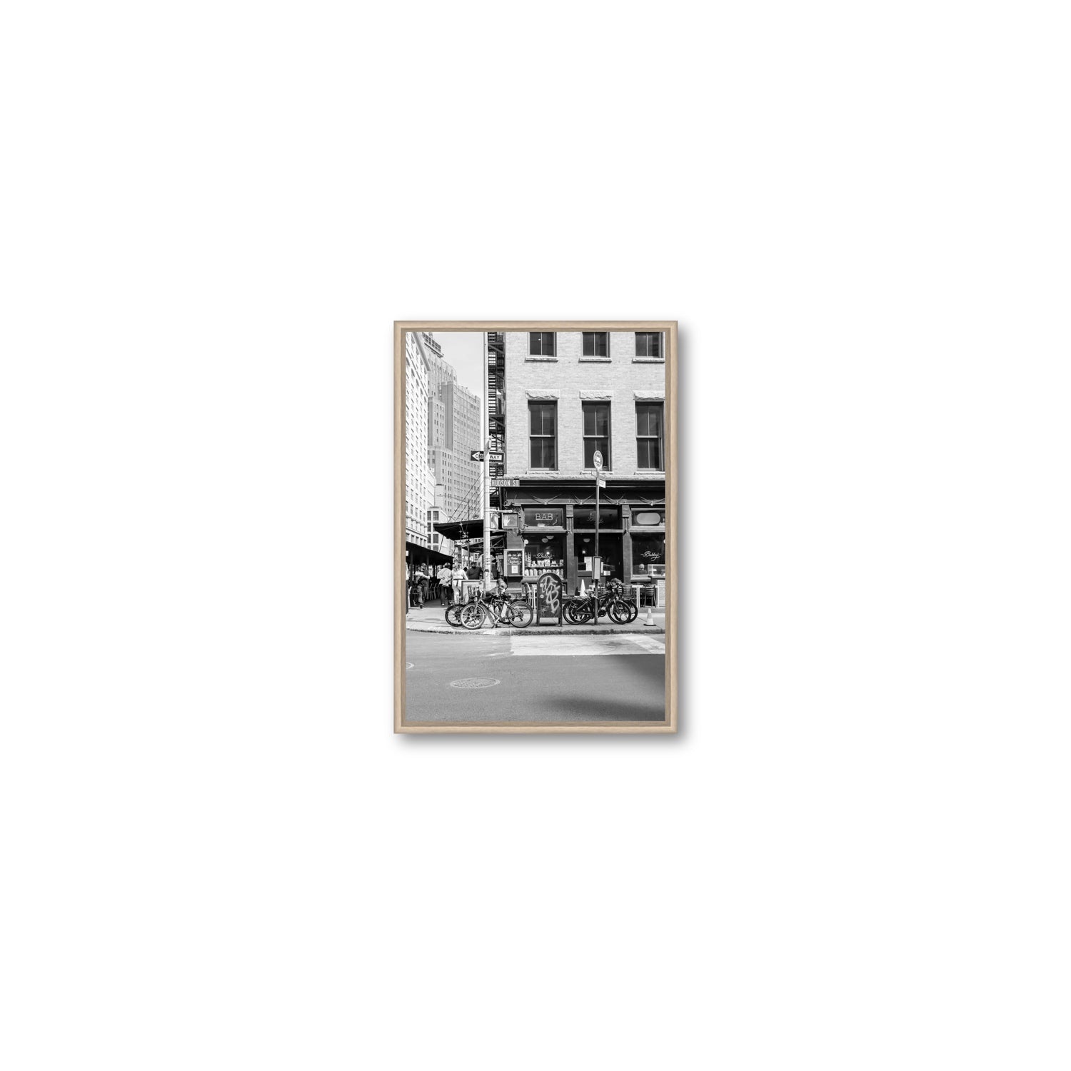 Bites Of The Big Apple New York NYC Black & White wall art Small fine art canvas in natural oak float frame