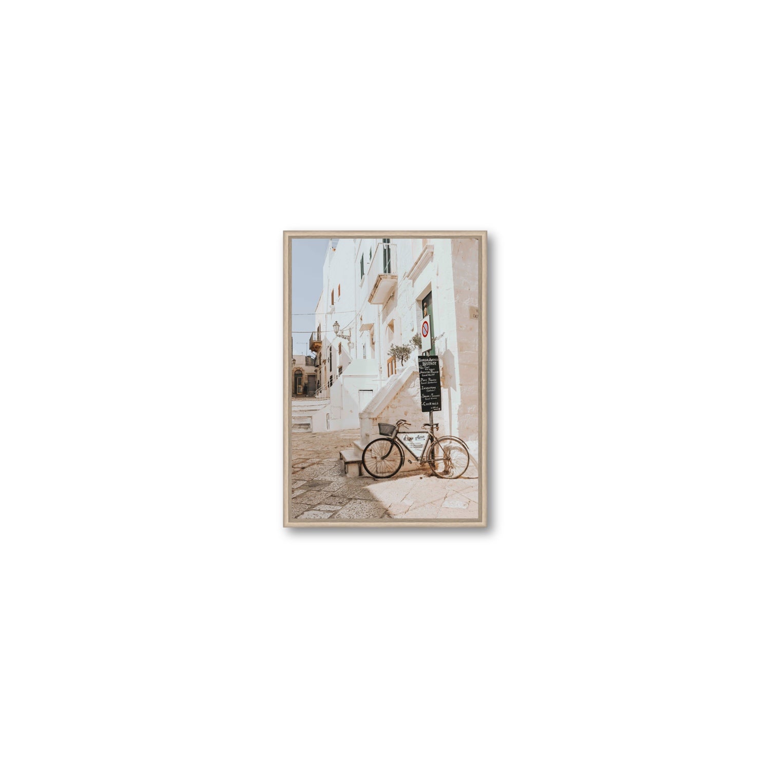 La Bicicletta Puglia Ostuni wall art Small fine art canvas in natural oak float frame