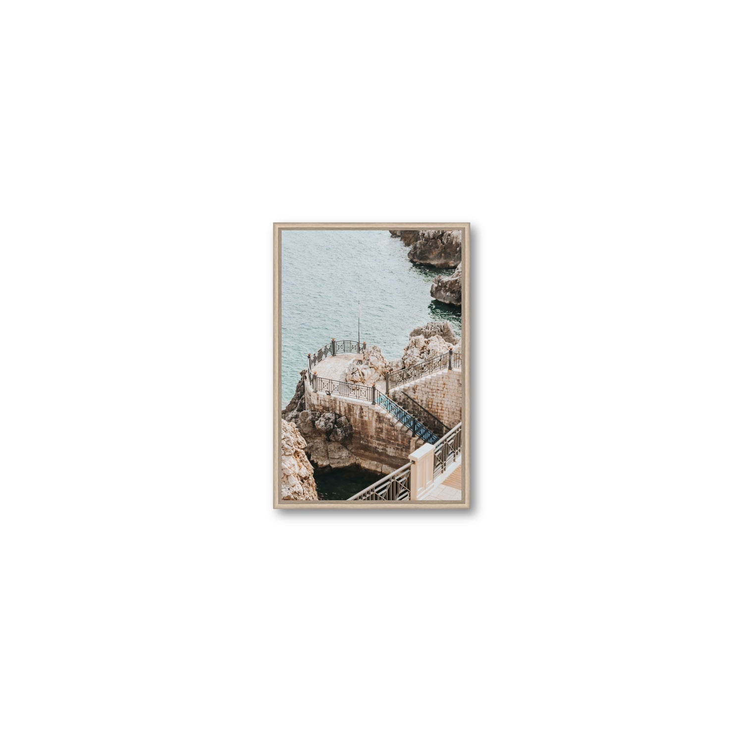 Tidal Staircase Puglia coastal Italian wall art Small fine art canvas in natural oak float frame