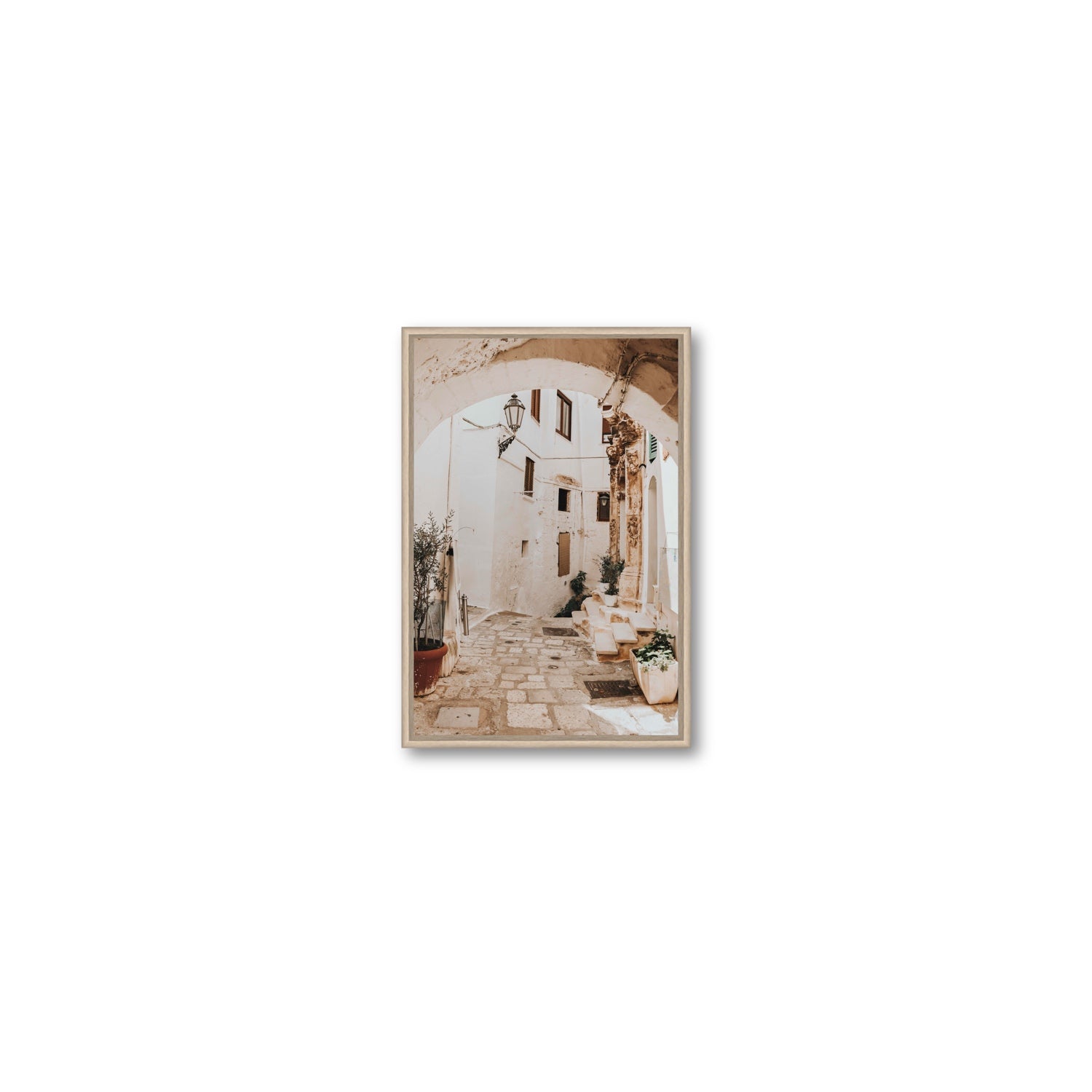 Pathway Wander Puglia Ostuni wall art Small fine art canvas in natural oak float frame