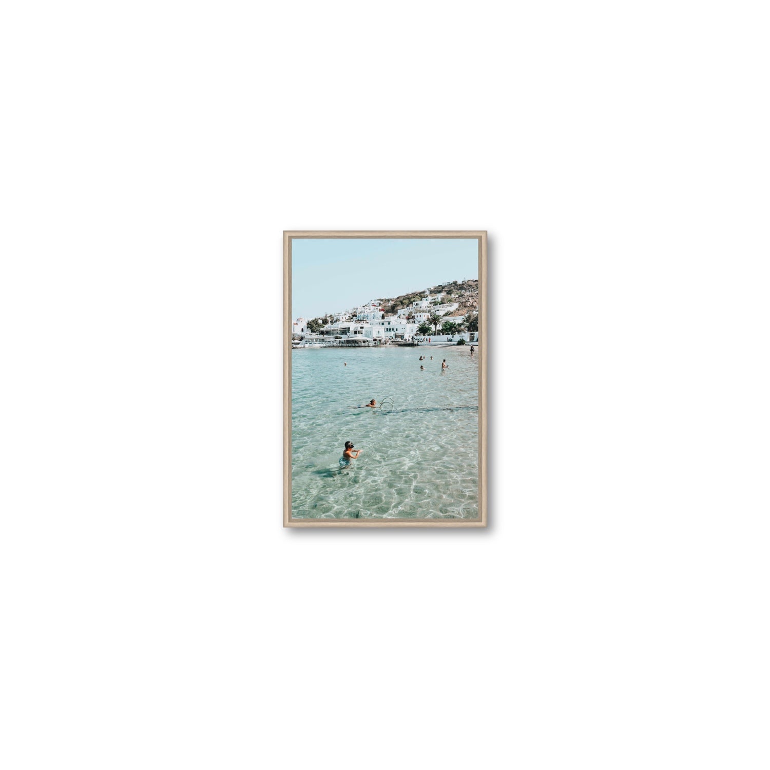 Beside The Seaside Mykonos beach Greek island wall art Small fine art canvas in natural oak float frame