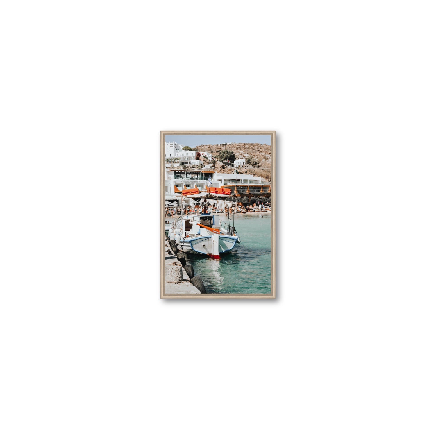 Travel In Style Mykonos Greek island wall art Small fine art canvas in natural oak float frame