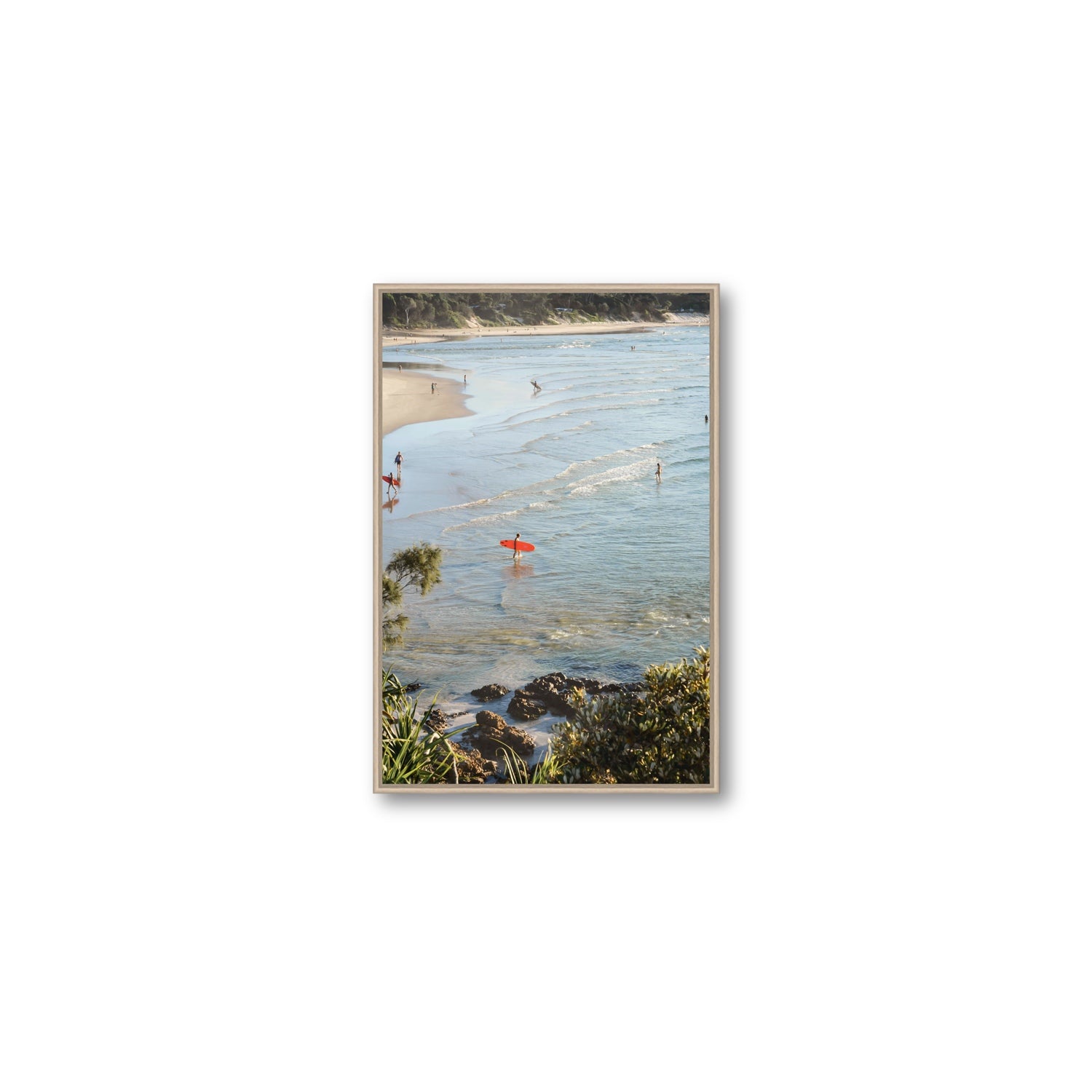 Seclusion Byron Bay Surf coastal wall art Medium fine art canvas in natural oak float frame