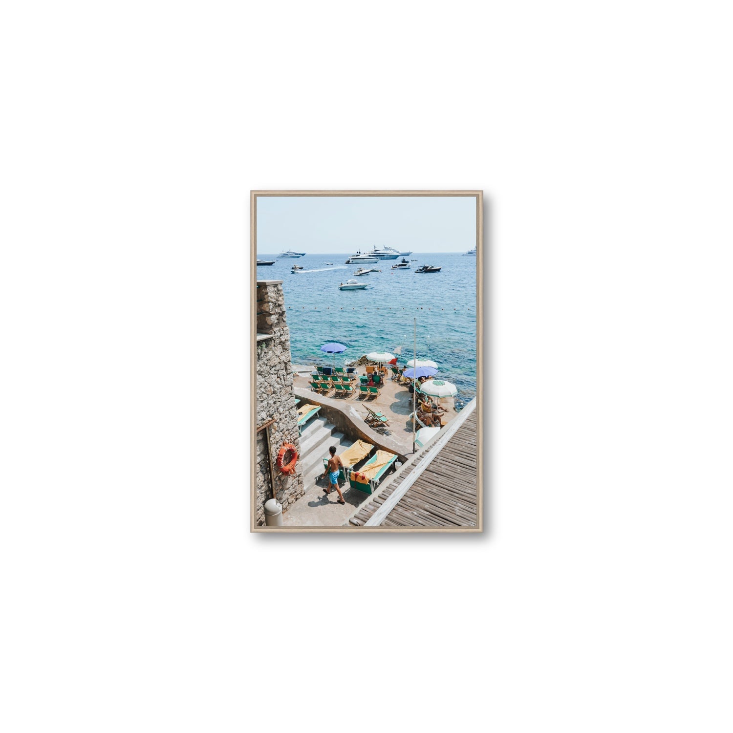 Canzone di Capri Capri Italian beach wall art Medium fine art canvas in natural oak float frame