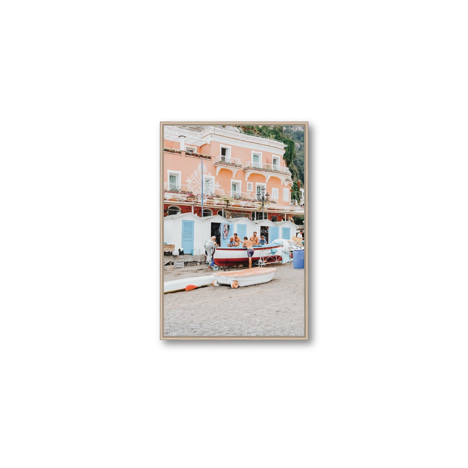 La Riunione della Mattina fine art print, Positano, Italy, Medium, Natural Oak Float Frame, Fine Art Canvas