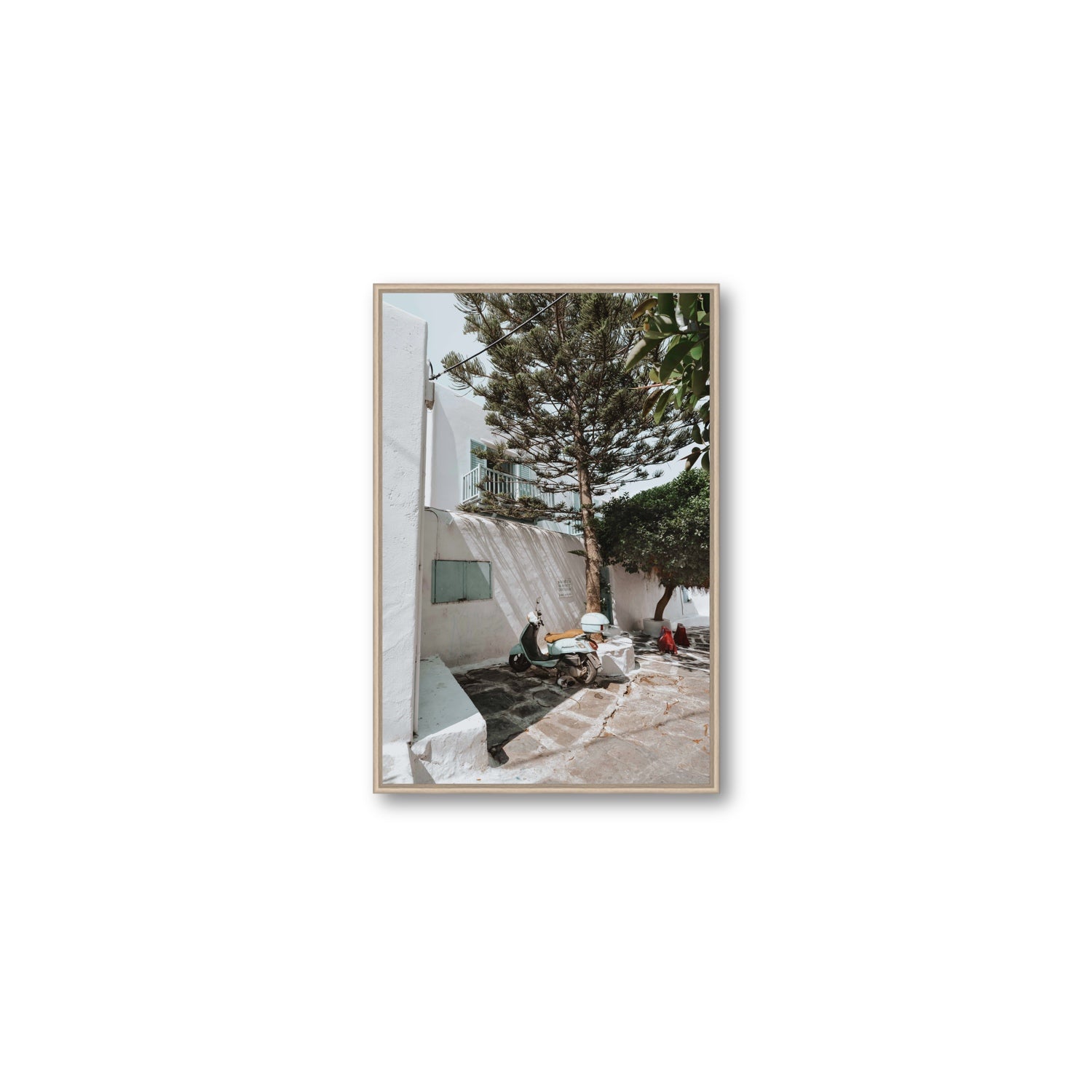 The Getaway Mykonos Mediterranean Greek island art print Medium fine art canvas in natural oak float frame