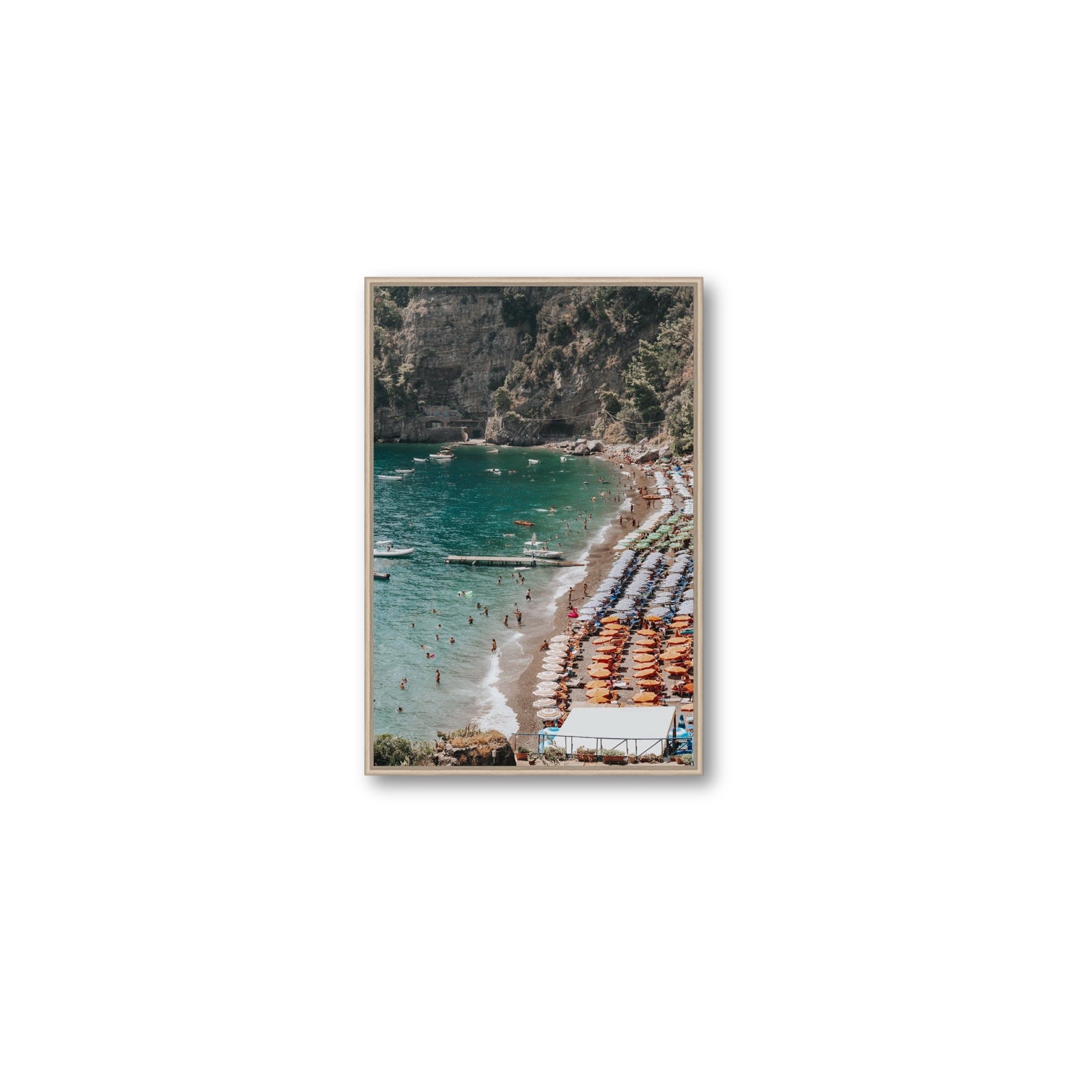 Parasol Panorama fine art print, Positano, Italy, Medium, Natural Oak Float Frame, Fine Art Canvas