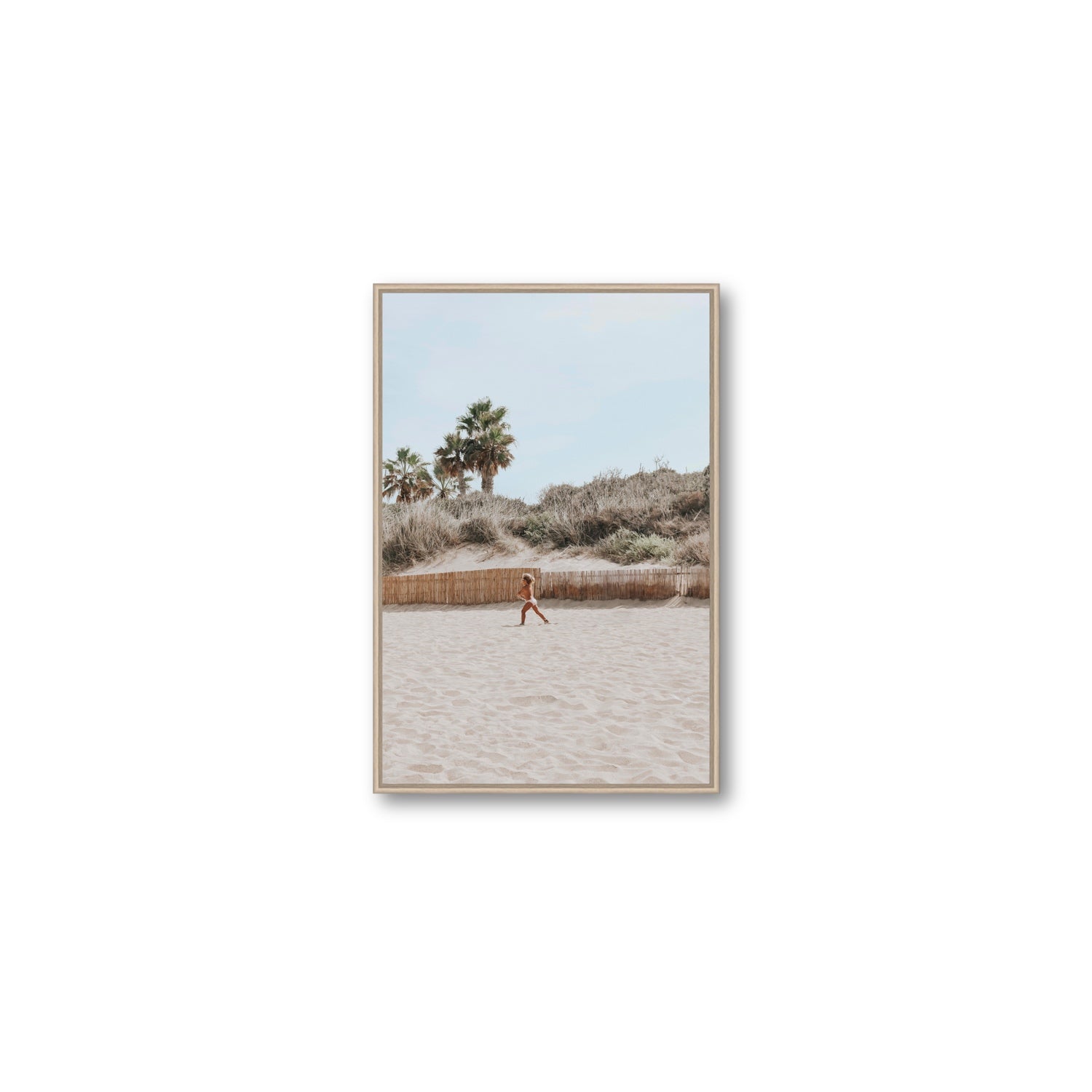 Joyful Sprint Puglia beach coastal fine art print Medium fine art canvas in natural oak float frame