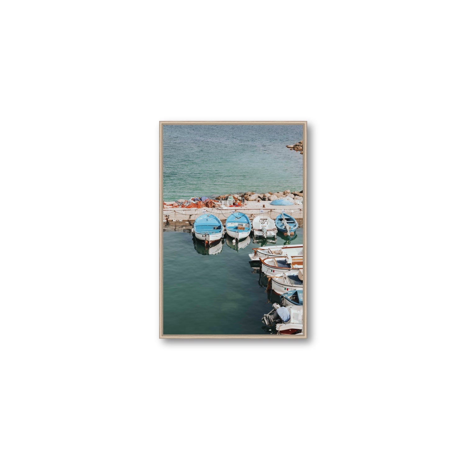 Maritime Memories Puglia Harbour Reflections coastal wall art Medium fine art canvas in natural oak float frame