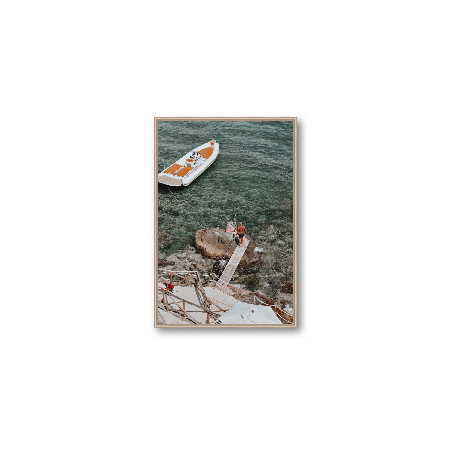 Secret Cove Tuscany coastal Italian wall art Medium fine art canvas in natural oak float frame