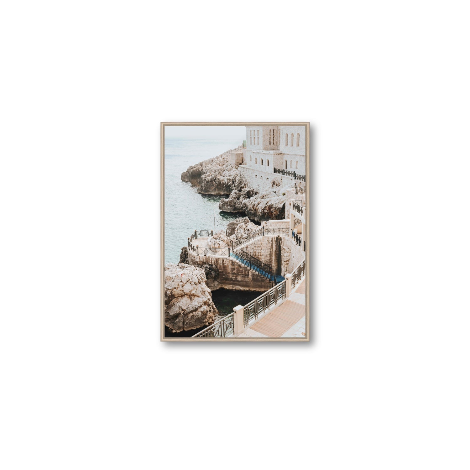 Wellness Centre Puglia coastal wall art Medium fine art canvas in natural oak float frame