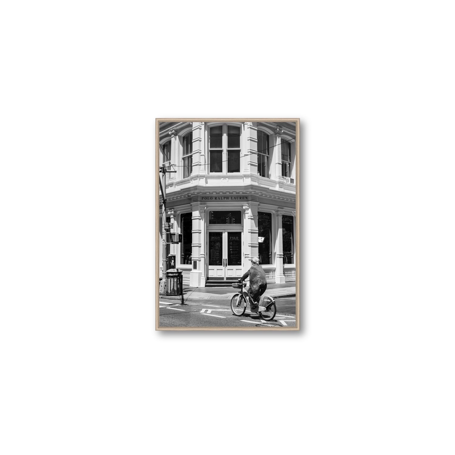 Downtown Rider New York NYC Black & White wall art Medium fine art canvas in natural oak float frame