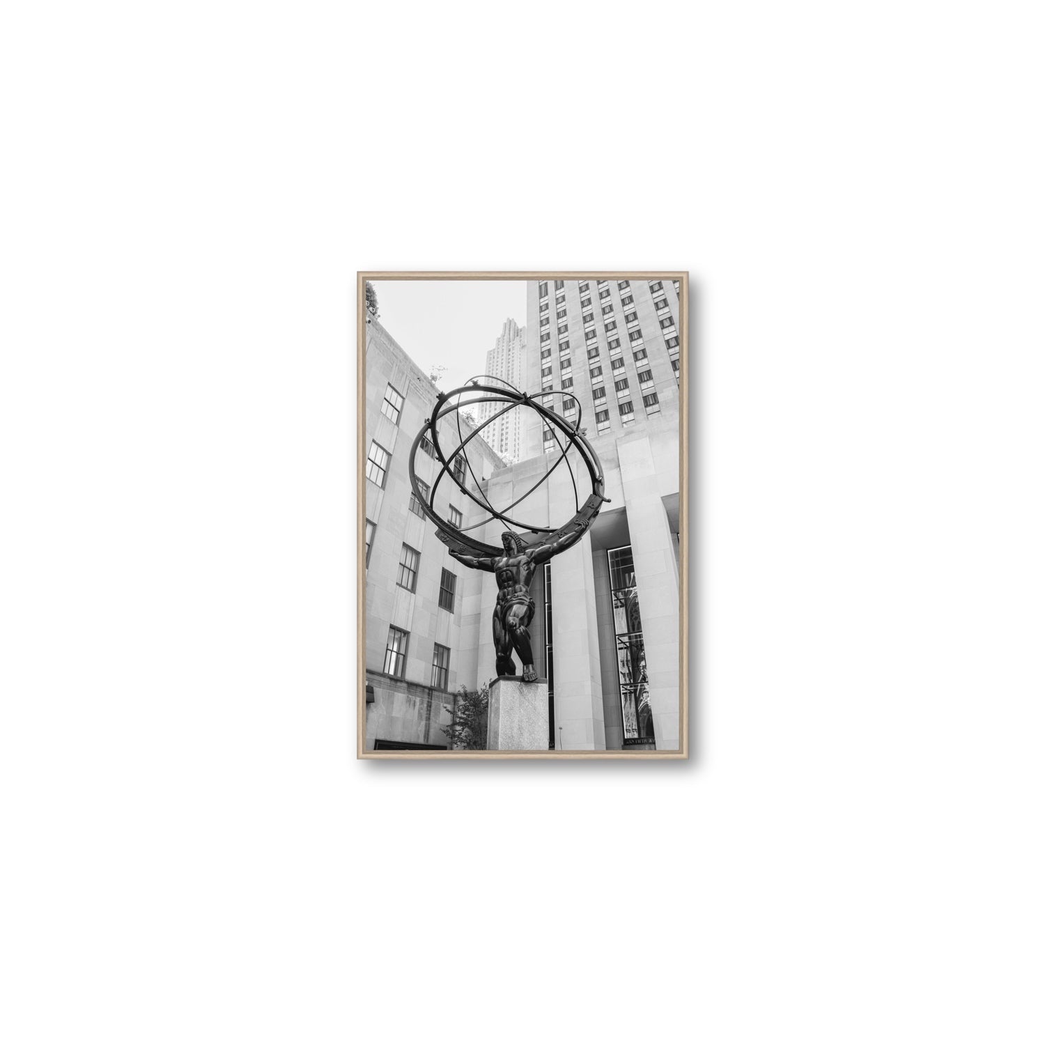 Atlas Ascends New York NYC Black & White wall art Medium fine art canvas in natural oak float frame