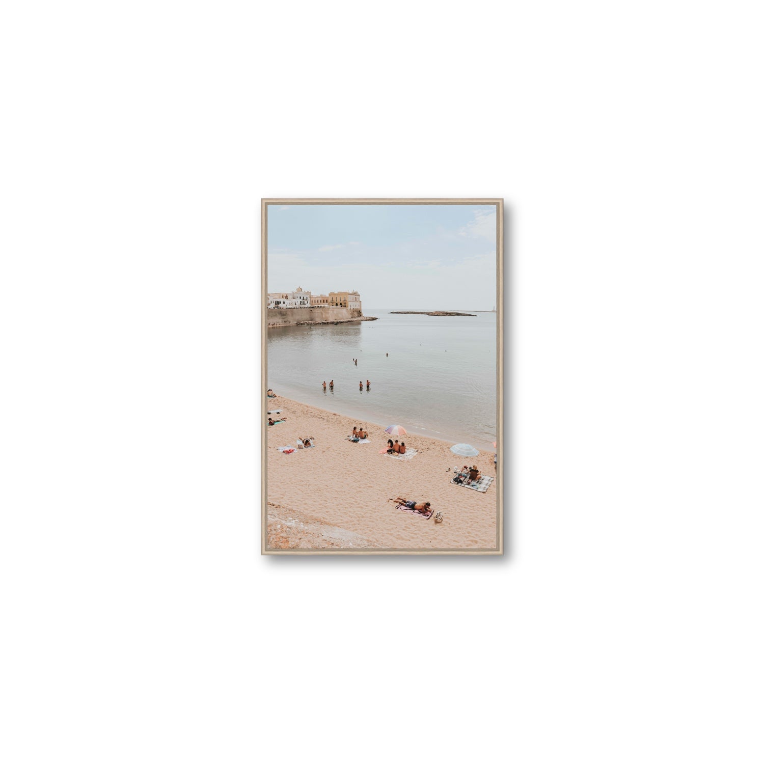 Spiaggia della Purita Puglia coastal art print Medium fine art canvas in natural oak float frame