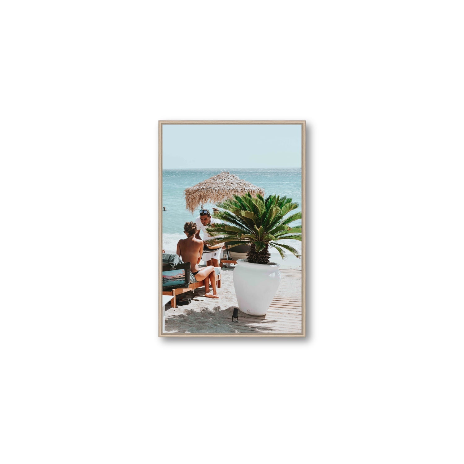 At Your Service Mykonos Greek island wall art Medium fine art canvas in natural oak float frame
