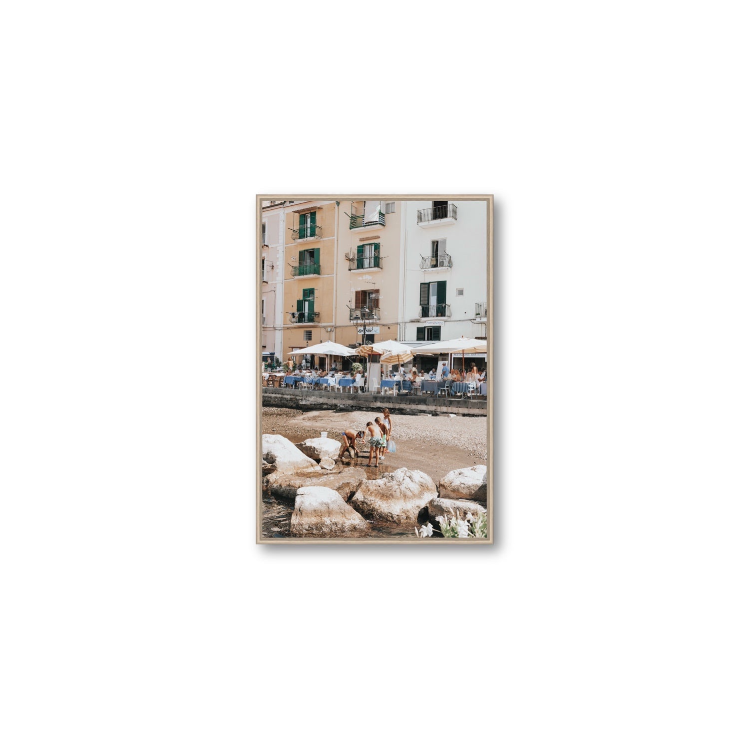 Sunny Playtime Sorrento coastal wall art Medium fine art canvas in natural oak float frame