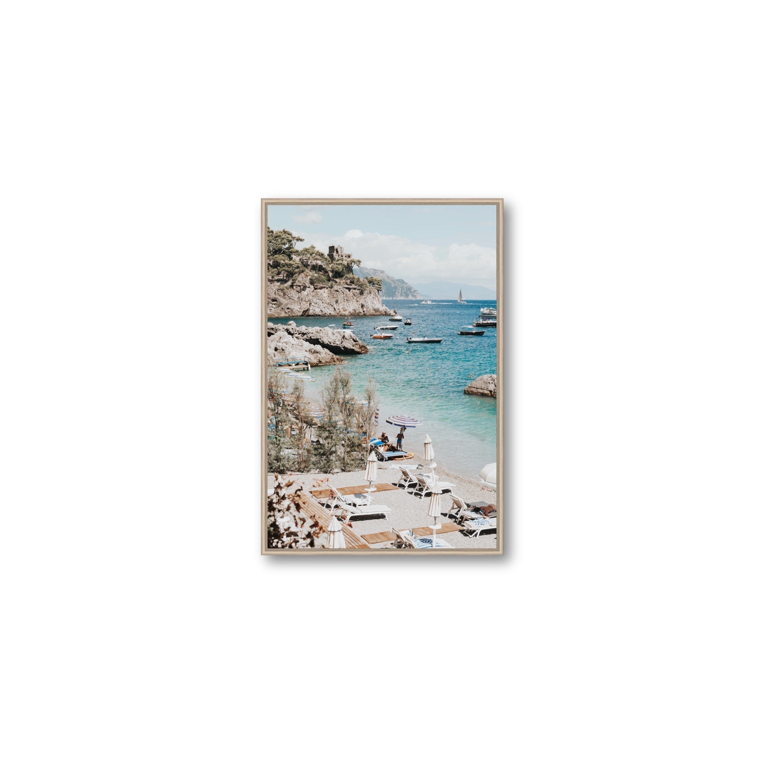 Sizzling Summer Days Amalfi coastal wall art Medium fine art canvas in natural oak float frame