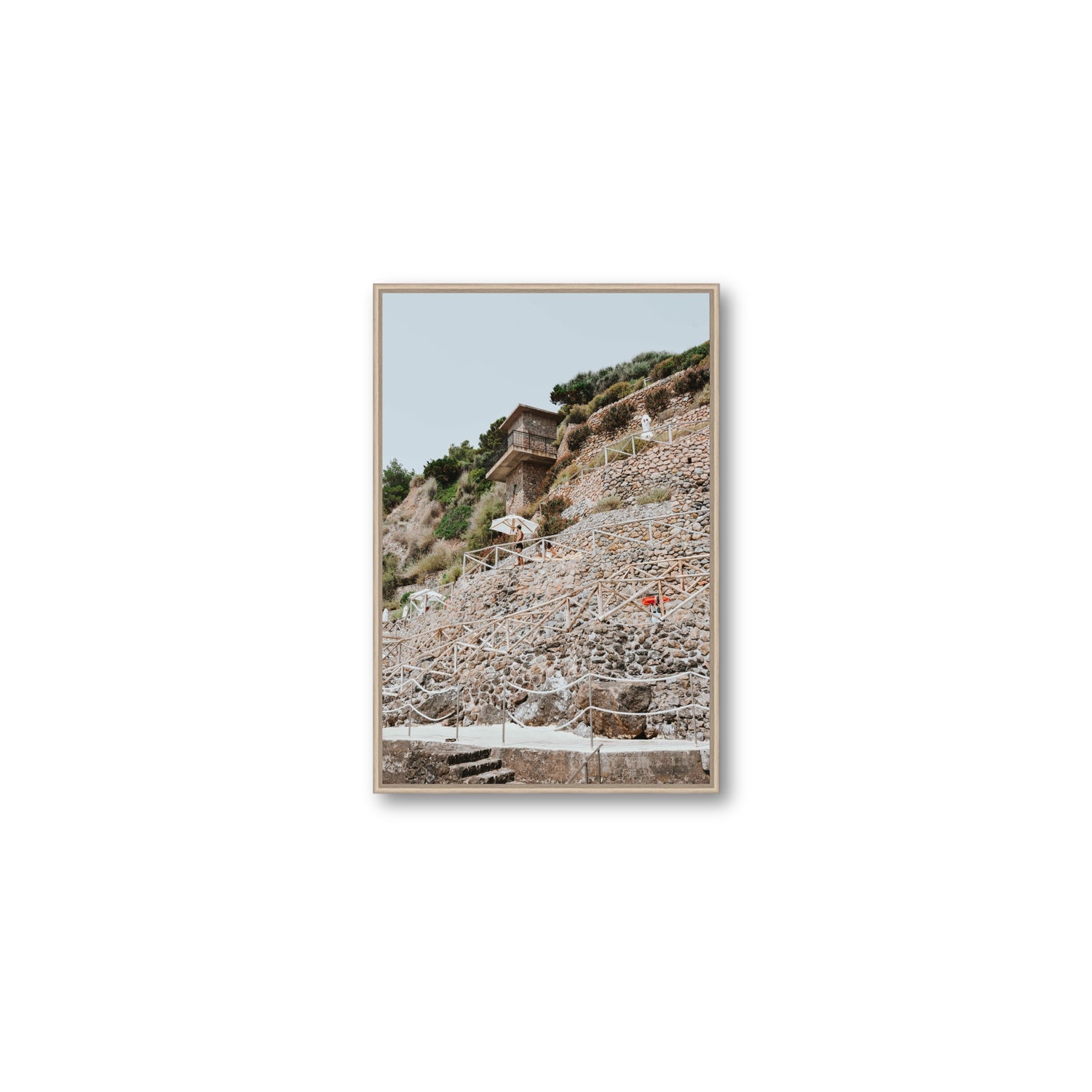 Solitude by the Sea Tuscany coastal Italian wall art Medium fine art canvas in natural oak float frame
