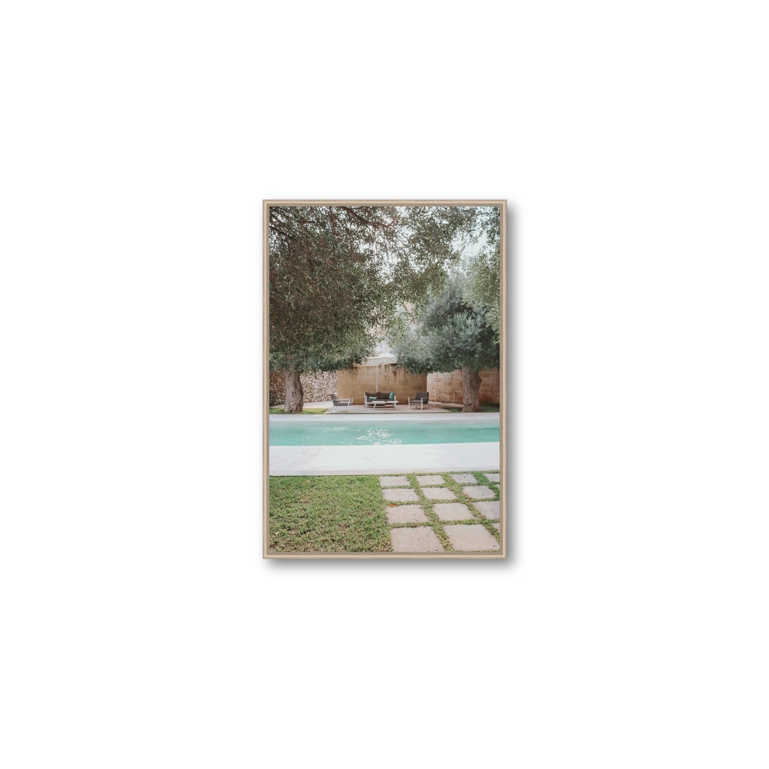 Idyllic Escape Puglia Mediterranean wall art Medium fine art canvas in natural oak float frame