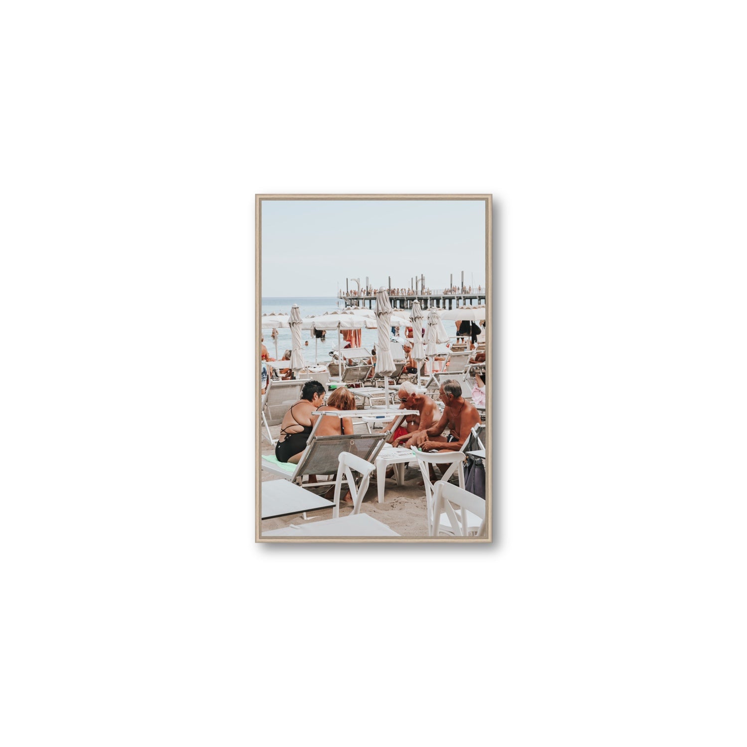 Salted Shuffle fine art print, Alassio, Italy, people and locals artwork, Medium, Natural Oak Float Frame, Fine Art Canvas