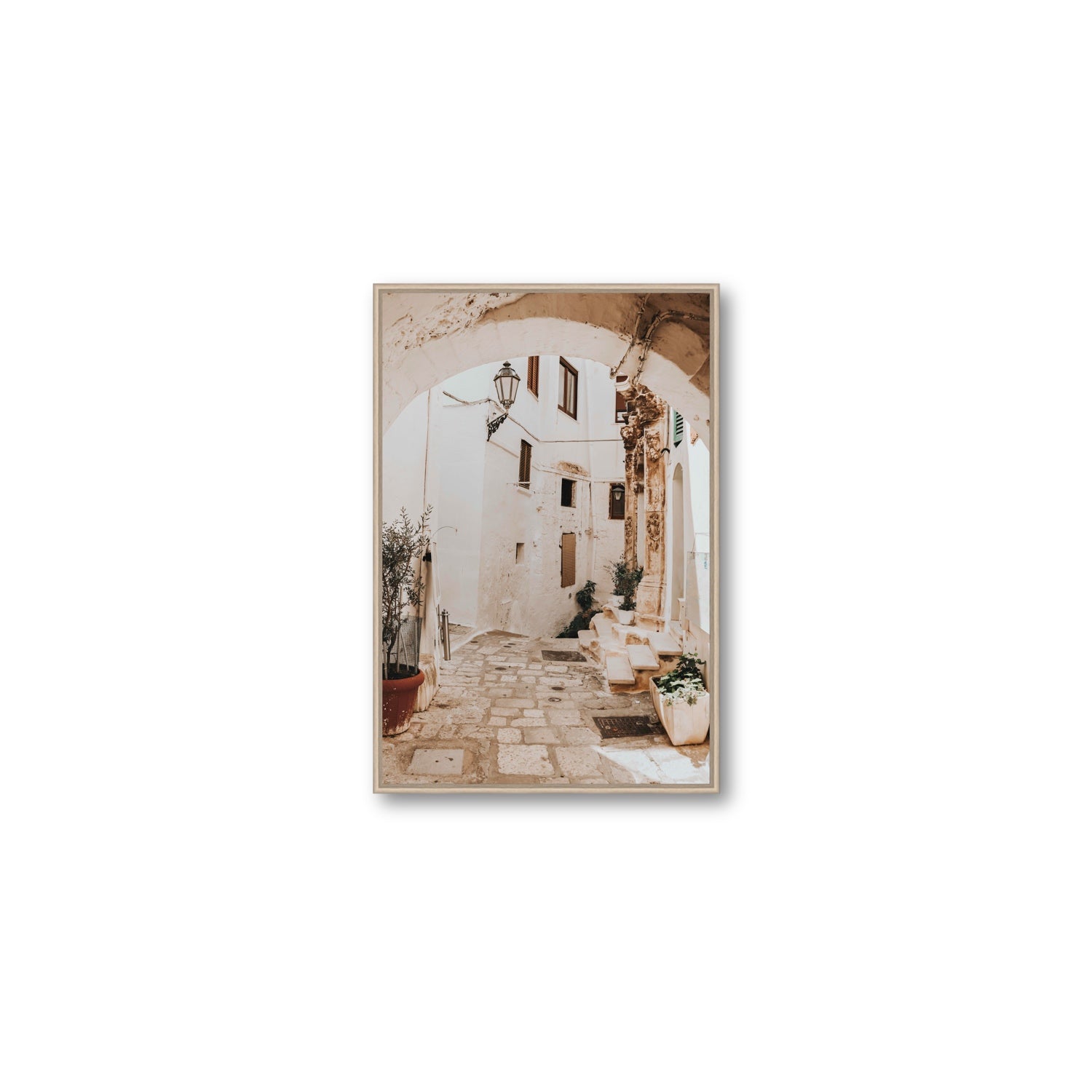 Pathway Wander Puglia Ostuni wall art Medium fine art canvas in natural oak float frame