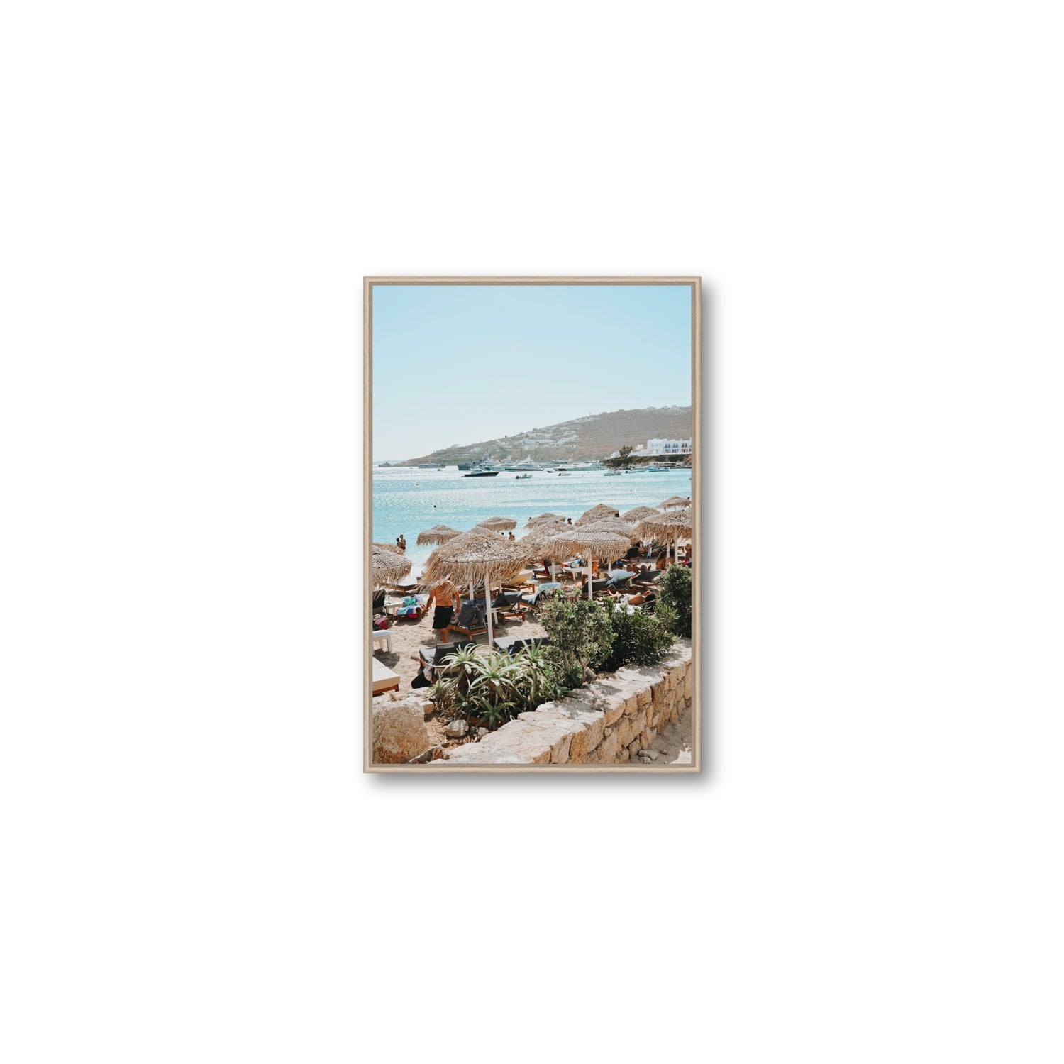 Beachside Huts Mykonos Greek island wall art Medium fine art canvas in natural oak float frame