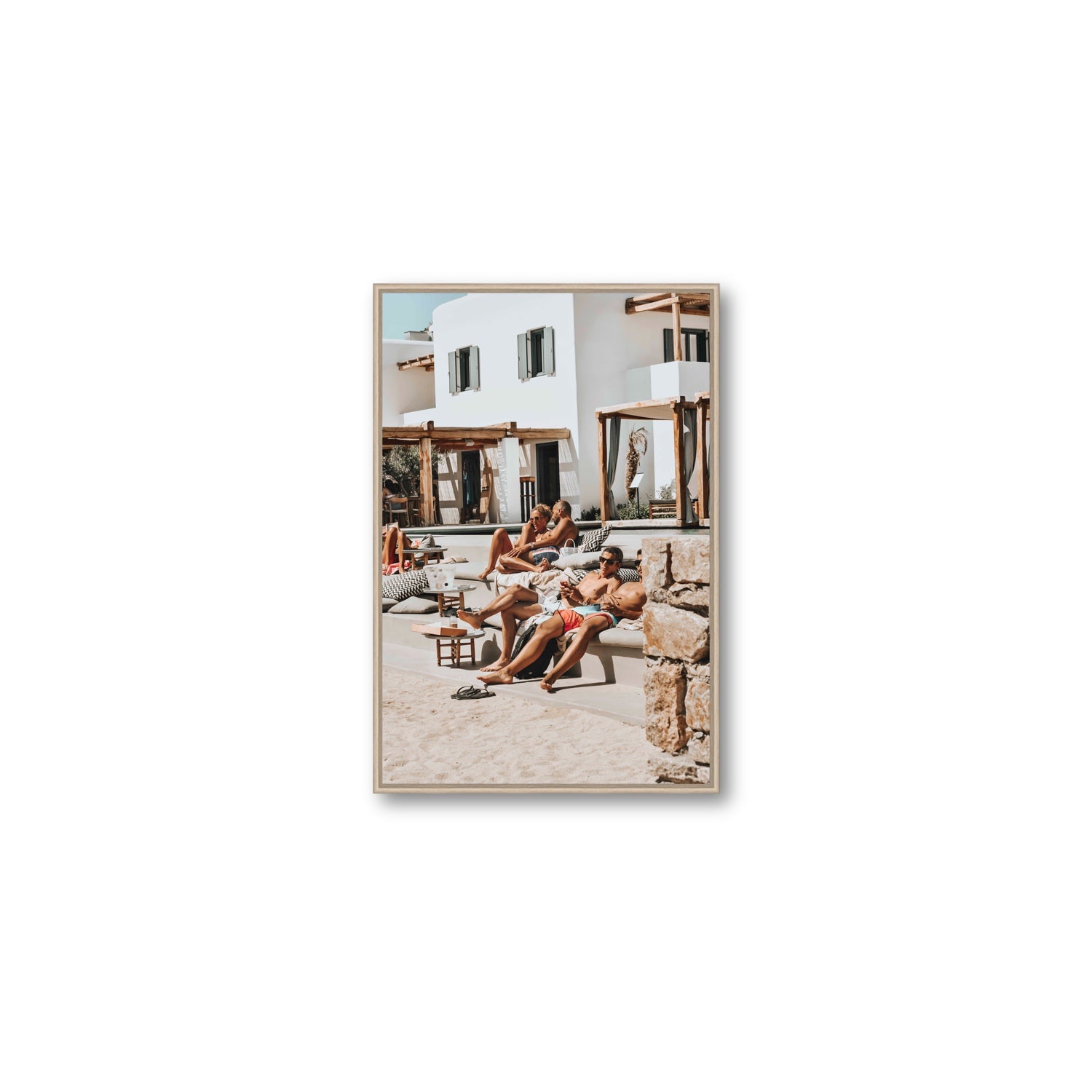 Style That Sizzles Mykonos Greek island wall art Medium fine art canvas in natural oak float frame