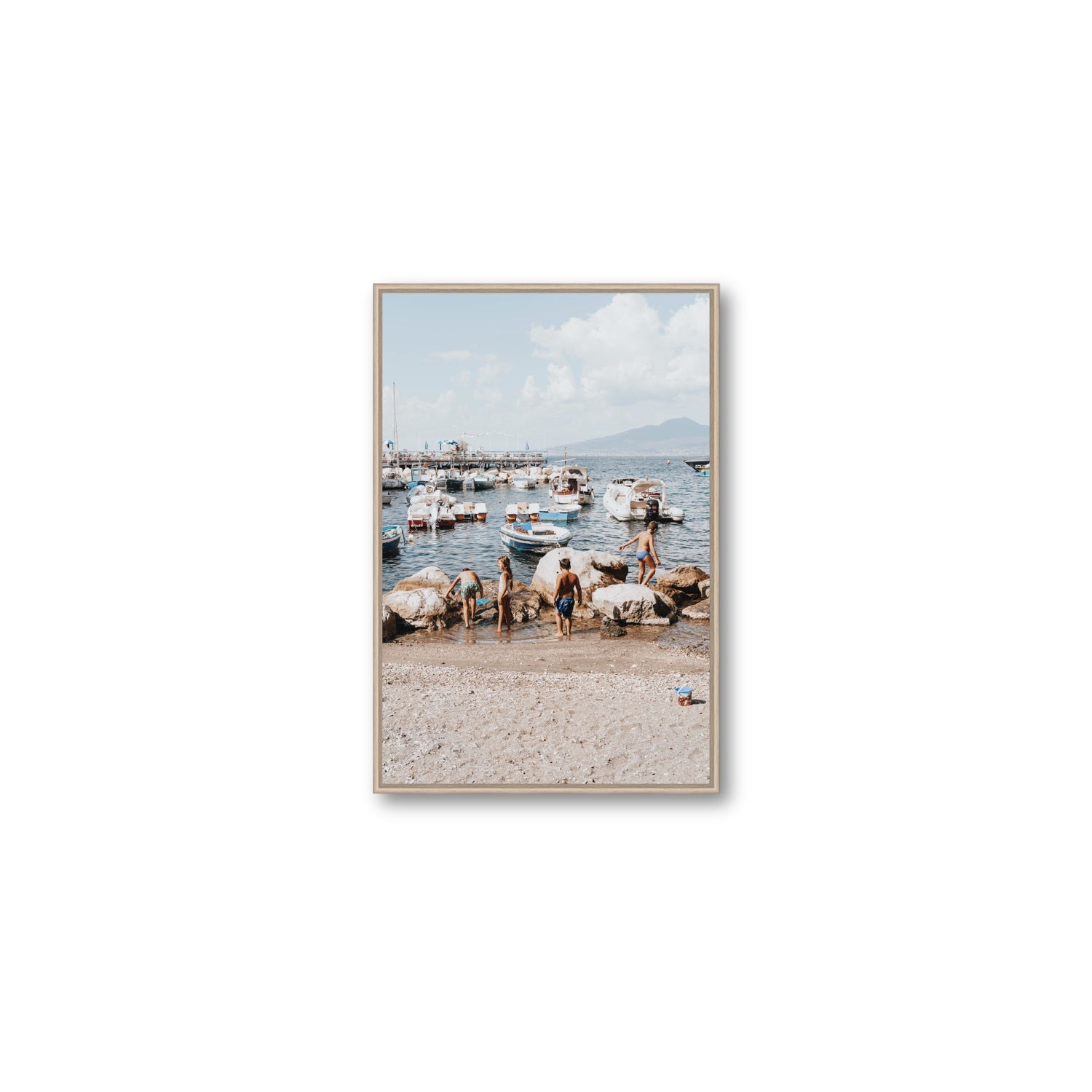 Searching For Treasures Sorrento coastal wall art Medium fine art canvas in natural oak float frame