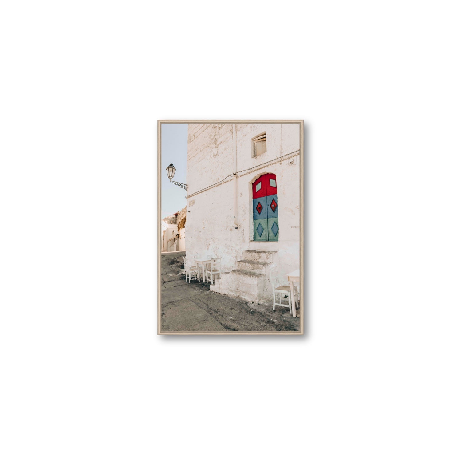 Doorway Delight Puglia Ostuni wall art Medium fine art canvas in natural oak float frame