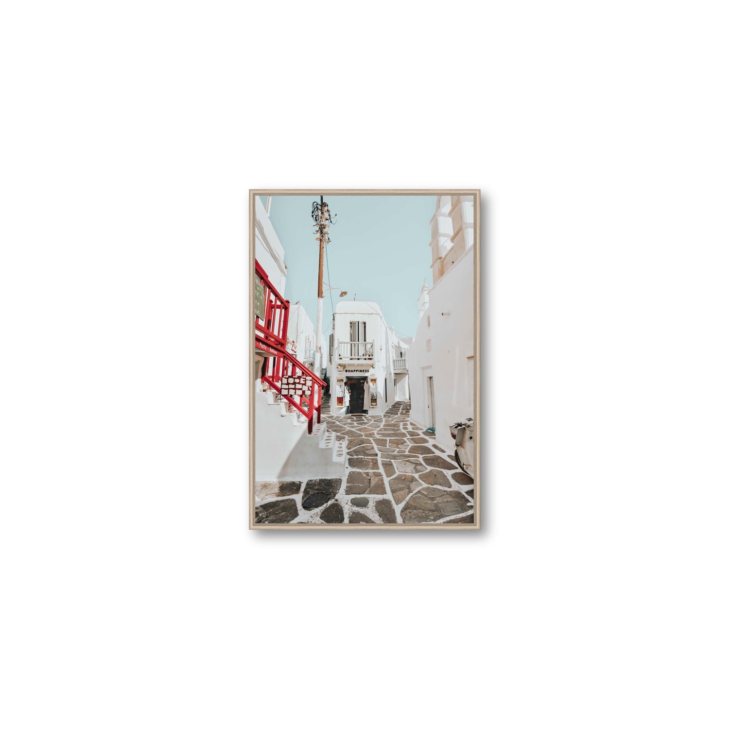 Happiness Mykonos Greek island wall art Medium fine art canvas in natural oak float frame