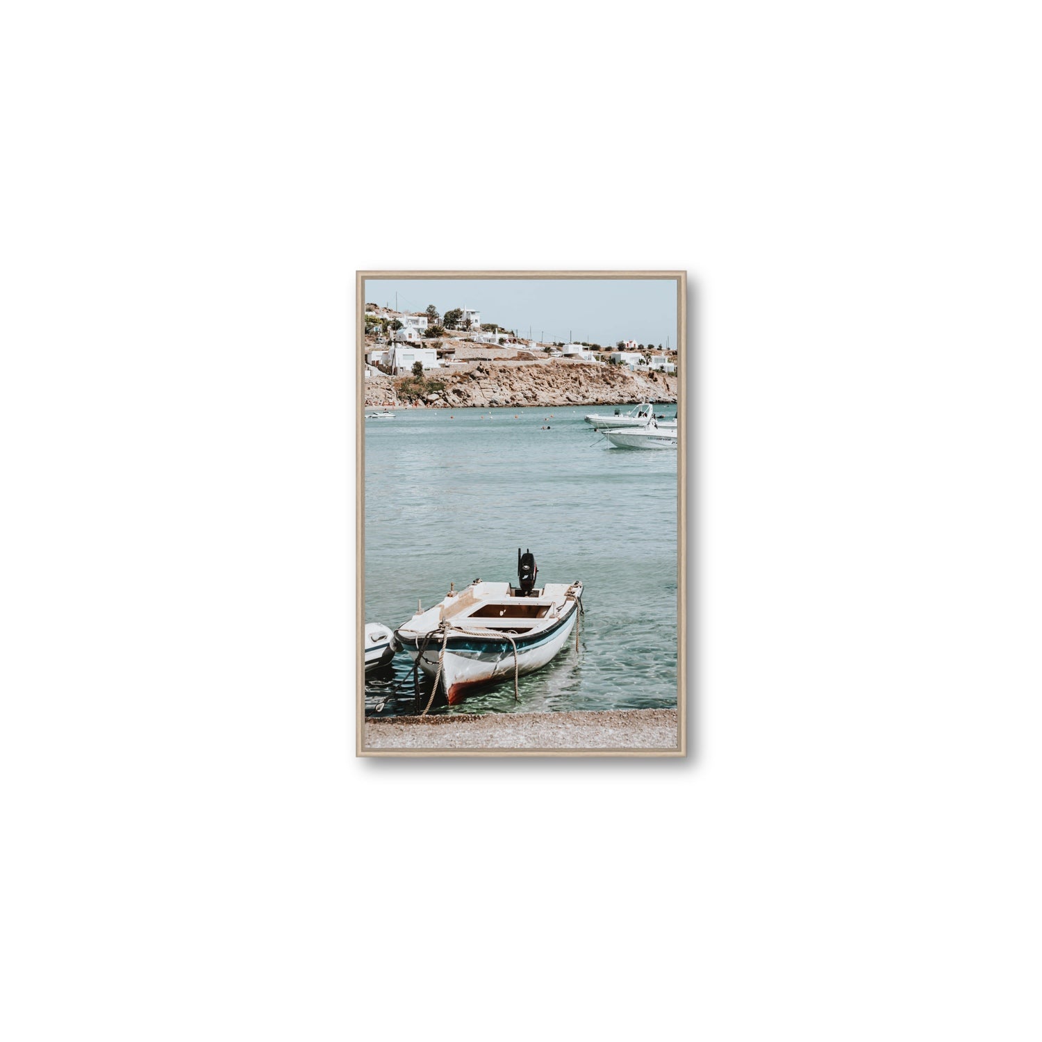 Classic Wheels Mykonos Greek island wall art Medium fine art canvas in natural oak float frame