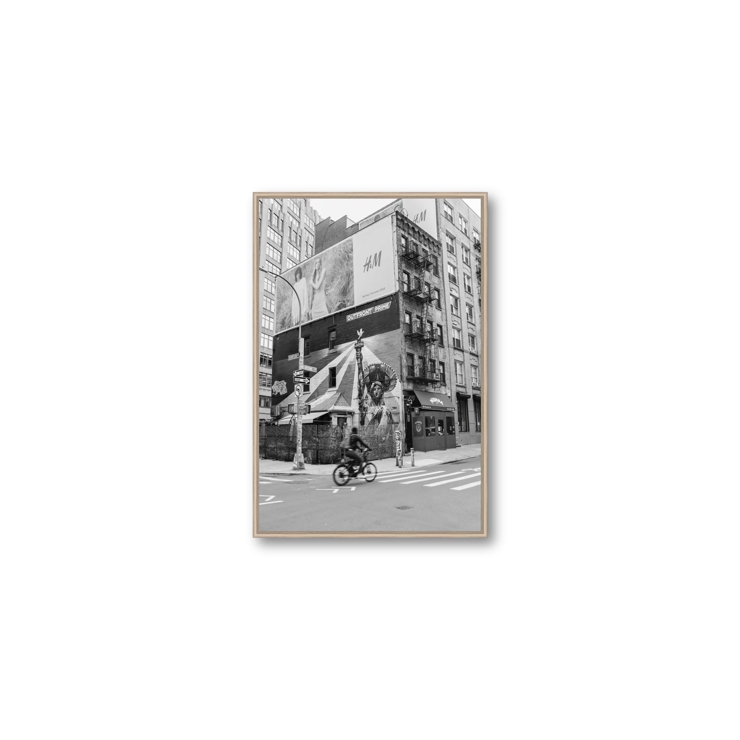 Shadows Of Liberty New York NYC Black & White wall art Medium fine art canvas in natural oak float frame