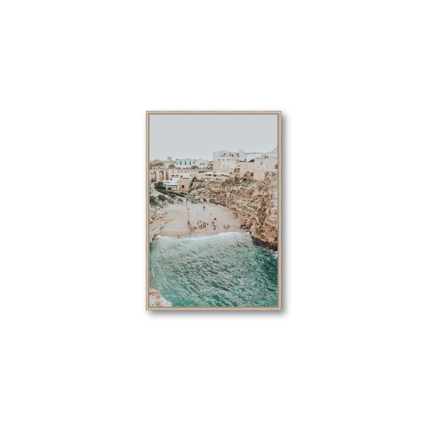 Polignano Vista Puglia coastal Italian beach fine art print Medium fine art canvas in natural oak float frame