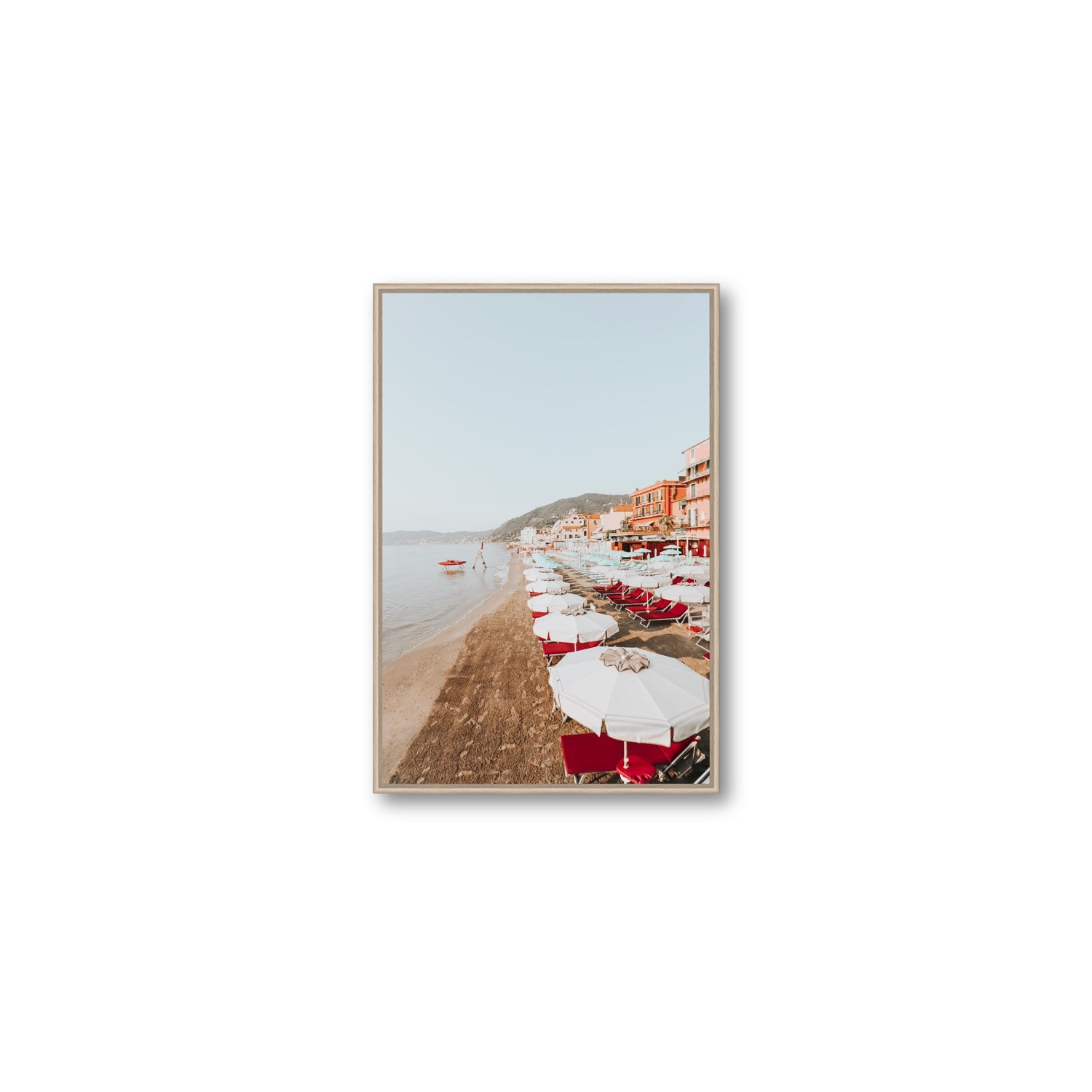 Italian Riviera fine art print, Alassio, Italy, coastal scenes artwork, Medium, Natural Oak Float Frame, Fine Art Canvas