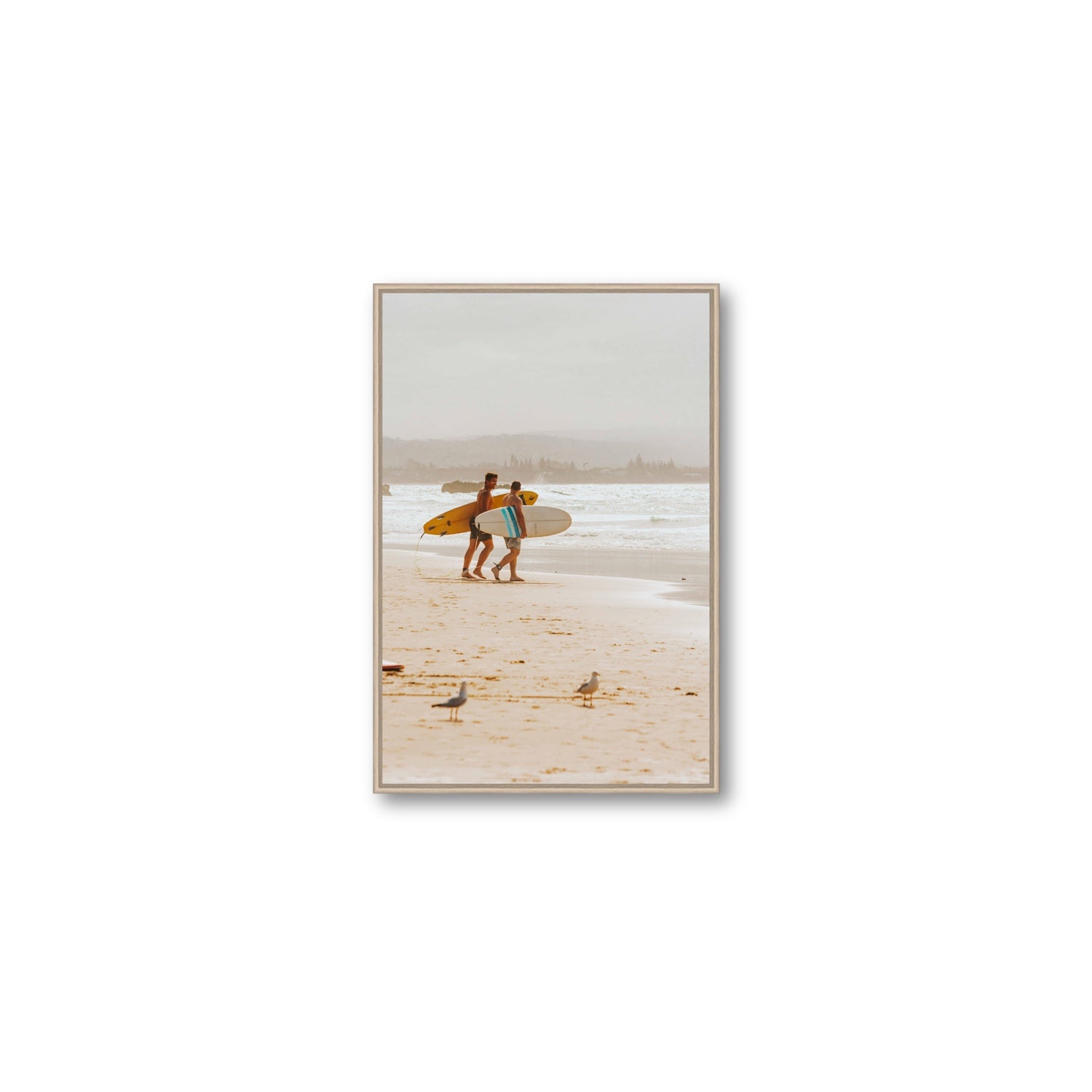 Shane & Benji Byron Bay Surf coastal wall art Medium fine art canvas in natural oak float frame